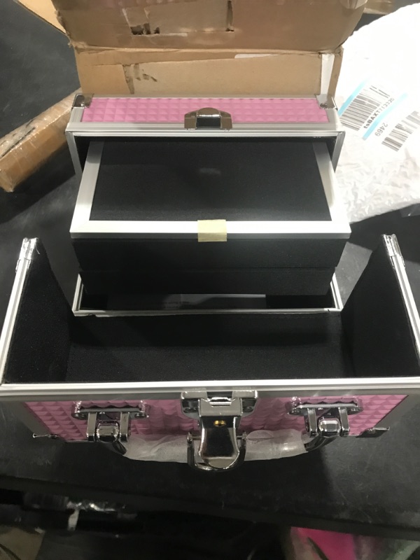 Photo 1 of Joligrace Makeup Train Case Portable Cosmetic Box Jewelry Organizer Lockable with Keys and Mirror 2-Tier Trays for Makeup Artists Craft Nail Kits Sewing Box Traveling Makeup Storage Case Pink Unique Pink