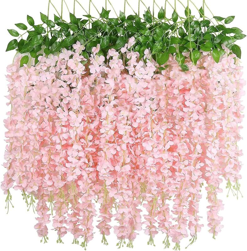 Photo 1 of 12 Pack Wisteria Flower, Artificial Flower, Wisteria Hanging Flower Vines, Fake Flowers, Silk Wisteria Garland, Fake Wisteria Strings for Wedding, Garden, Wall Decoration (Peach)