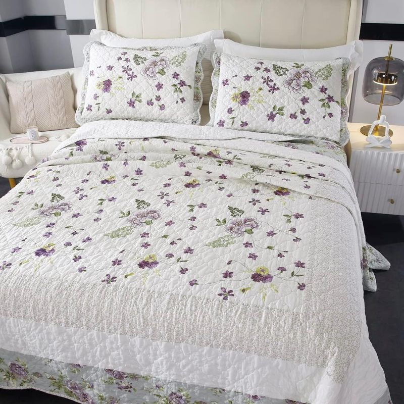 Photo 1 of 3-Piece Floral Embroidered Quilt Set Oversize Queen 100% Cotton Ultra Soft Elegant Reversible Bedspread Coverlet Set with 2 Pillow Shams (Floral,Oversize Queen)