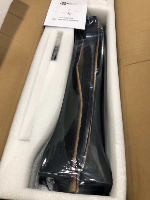 Photo 1 of BOOSANT 52" Ceiling Fans Without Light, Solid Wood Ceiling Fan with Remote Control and Quiet DC Motor, No Light, Modern Smart Ceiling Fan with 3 Blades, Indoor Outdoor Ceiling Fans for Patios, Living Room, Bedroom, Farmhouse, and Gazebo- Black 52 INCH Bla