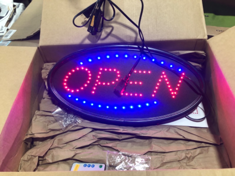 Photo 2 of LED Open Sign with Remote, FITNATE Ultra Bright Electric Light Up Signs for Business, Timing Function, 2 Lighting Modes Flashing & Steady Advertisement Board for Store, Bar, Hotel, Cafe (19x10 inch) 19x10" Oval