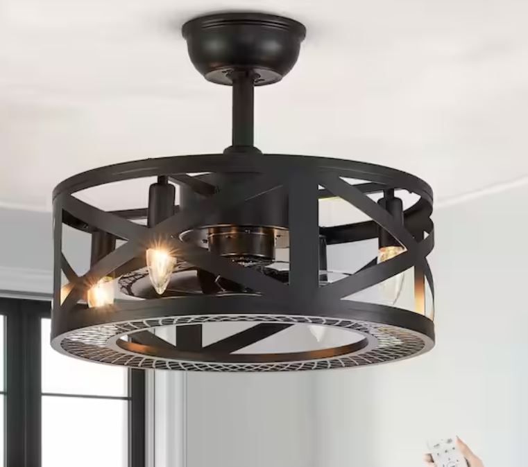 Photo 1 of 17 in. Indoor Black Ceiling Fan Farmhouse Caged Ceiling Fan with Lights and Remote Enclosed Ceiling Fan
