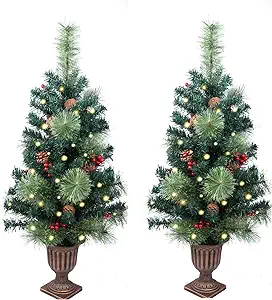 Photo 1 of 2 Pack Christmas Tree,3FT Artificial Christmas Entrance Tree with Ornaments and Lights Battery Oprated,Mini Xmas Trees for Front Door,Pathway, Tabletop, Entryway, Entrance Christmas Decorations