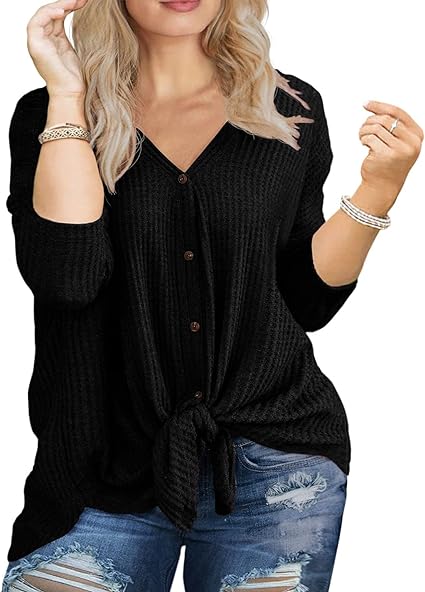 Photo 1 of  Womens Plus Size Tops Long/Short Sleeve V Neck Waffle Knit Tunic Blouse Tie Front Button Up T Shirts