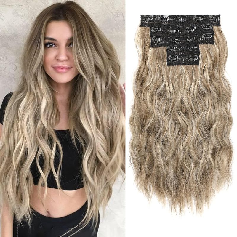 Photo 1 of 17 Clips in Hair Extensions, HOOJIH 5PCS Blonde Curly Clip in Hair Extensions Invisible Lace Weft Synthetic Natural Hair Extensions - 20 Inch Light Neutral Brown with Cool Light Blonde 