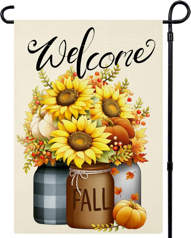 Photo 1 of 2 PACK- Fall Garden Flag 12x18 Inch Double Sided Welcome Floral Small Seasonal Fall Flag Autumn Yard Outdoor Flag Decoration 