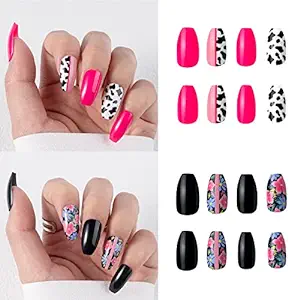 Photo 1 of 60Pcs Coffin Press on Nails Medium Cow Print Design, Vamony Glossy Fake Nails Kit, False Nails Valentine's Day Gift, Stick on Nails for Women Girls 