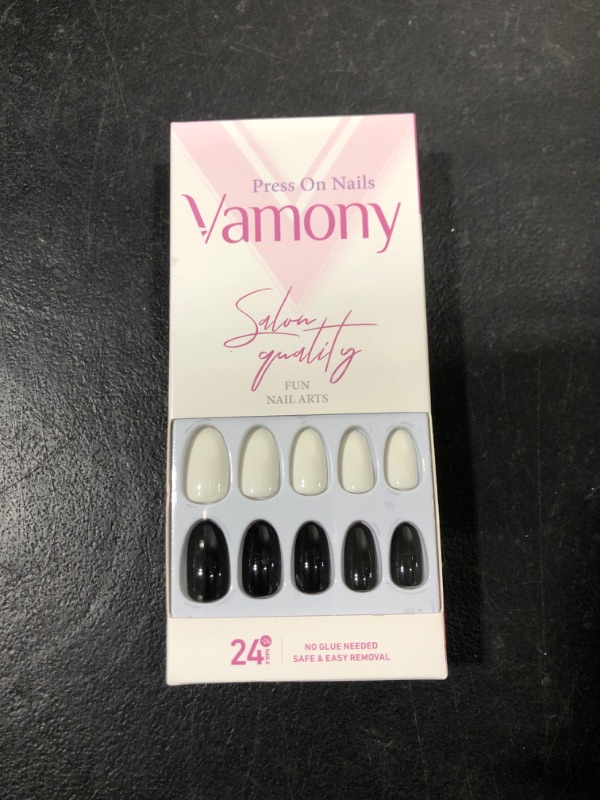 Photo 2 of 48Pcs Short Press on Nails Almond, Vamony Glossy White Black Solid Fake Nails Kit with Prep Pad, Mini File, Cuticle Stick, Adhesive Tabs and False Nails, Stick on Nails DIY for Women Girls 