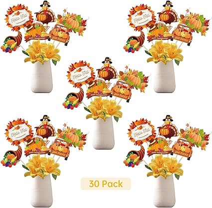 Photo 1 of 30 Pack Happy Thanksgiving Centerpieces for Tables, Fall Thanksgiving Table Decorations, Autumn Pumpkin Maple Leaves Turkey Table Toppers for Thanksgiving Day Party Decortions Supplies Home Decor