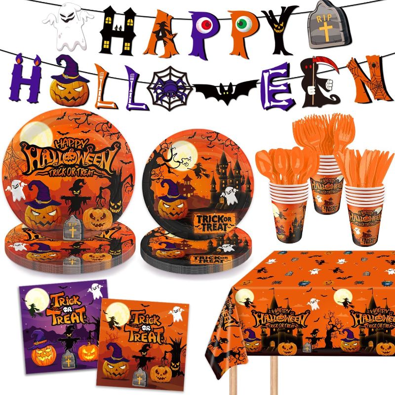 Photo 1 of 171 Pcs Halloween Party Supplies Tableware Set for Halloween Holiday Party Decorations Includes Plates, Trick or Treat Napkins, Cups, Cutlery, Tablecloth, Banner, Serves 24 