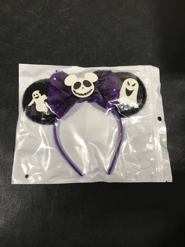 Photo 2 of A Miaow Halloween Decoration Headpiece Black Mouse Ears Headband MM Butterfly Hair Hoop Halloween Park Women Adults Costume Photo Shoot (Black and Purple Ghost) 