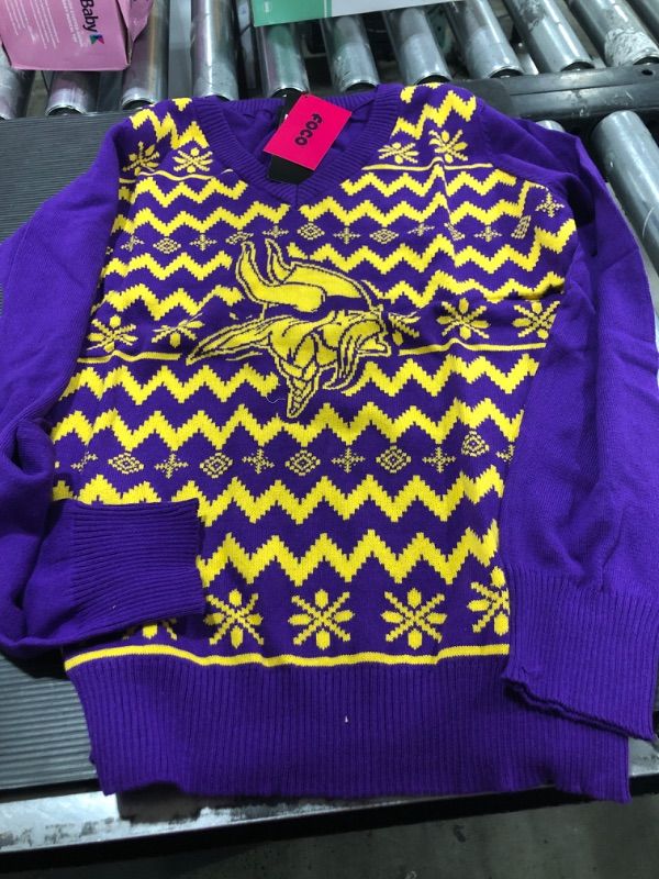 Photo 1 of FOCO Women's NFL Team Logo Ugly Holiday V-Neck Sweater Minnesota Vikings 9-2108 Team Color SIZE L