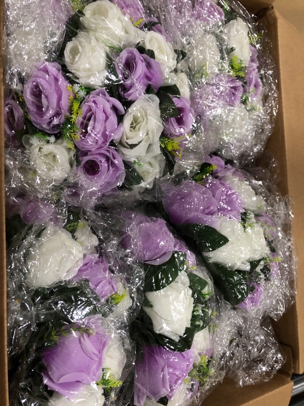 Photo 3 of Inweder Wedding Rose Balls for Centerpieces - 10 Pcs Artificial Flower Ball with Base, Fake Floral Kiss Ball, Wedding Flowers Bouquets Arrangement for Parties, Tables, Light Purple & White 10 Light Purple & White