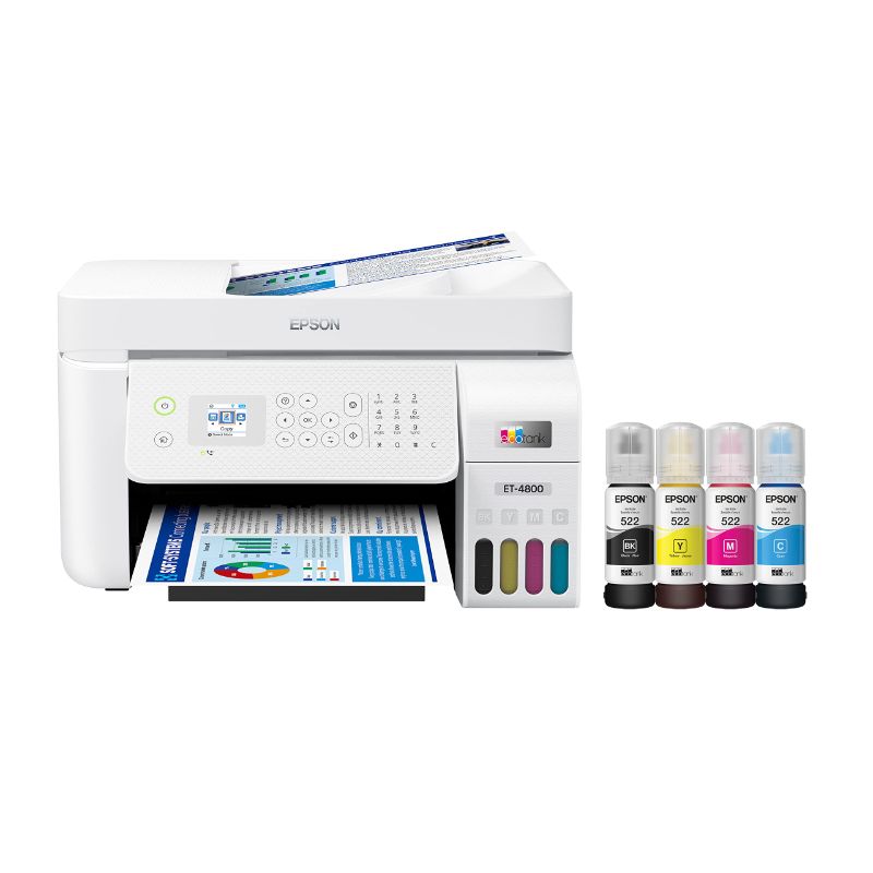 Photo 1 of Epson EcoTank ET-4800 Wireless All-in-One Cartridge-Free Supertank Printer with Scanner, Copier, Fax, ADF and Ethernet – Ideal-for Your Home Office ET-4800 White FAX/ADF/Print/Copy/Scan