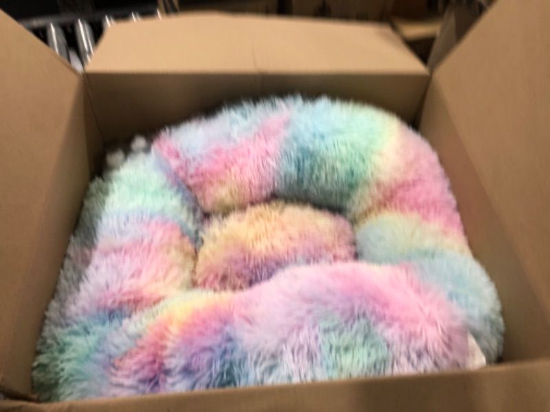 Photo 2 of Calming Dog Bed & Cat Bed, Anti-Anxiety Donut Dog Cuddler Bed, Warming Cozy Soft Dog Round Bed, Fluffy Faux Fur Plush Dog Cat Cushion bed for Small Medium Dogs and Cats (20"/24"/27"/30") 27" Rainbow