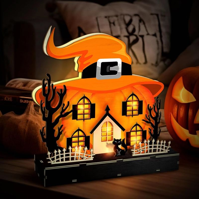 Photo 1 of *2 Pack* Limited-time deal: Lighted Wooden Pumpkin Decor for Tabletop, House Halloween Decorations Indoor, Battery Operated Orange Pumkin Witch Cat Halloween Light for Bedroom Living Room Office Desk, Halloween Fireplace Decor 