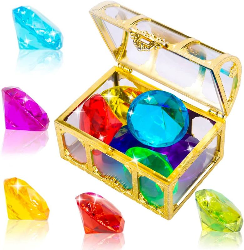 Photo 1 of Diving Gem Pool Toy Colorful Big Diamond Set With Treasure Pirate Box Summer Swimming Gem Diving Toys Set Dive Throw Toy Set Underwater Swimming Toy For Pool Use Treasures Gift Sets (golden)