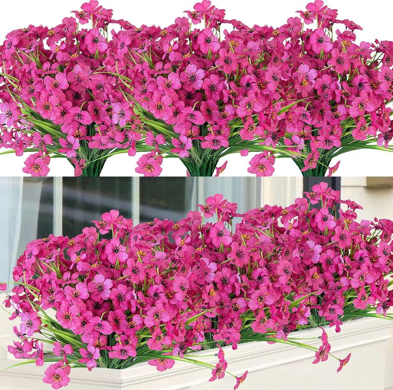 Photo 1 of 12 Bundles Fake Flowers Outdoor UV Resistant Artificial Plants Flowers No Fade Faux Plastic Flowers Greenery Shrubs for Garden Porch Window Box Home Decor (Rose Red)