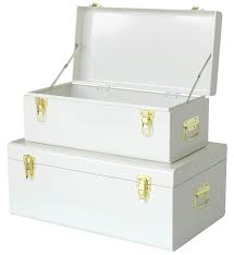Photo 1 of  Metal Trunk Decorative Storage Box Set of 2 College Dorm Chest with Handle (White)