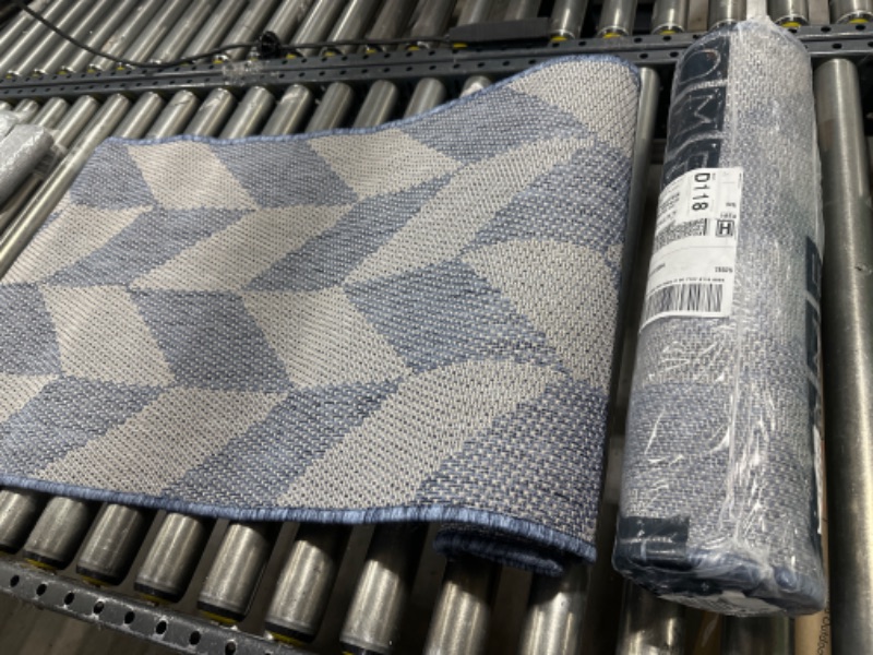 Photo 2 of 2 COUNT Nicole Miller New York Patio Country Calla Contemporary Herringbone Indoor/Outdoor Area Rug, Blue/Grey, 1'9"x7'2" 1'9"x7'2" Runner Blue/Grey