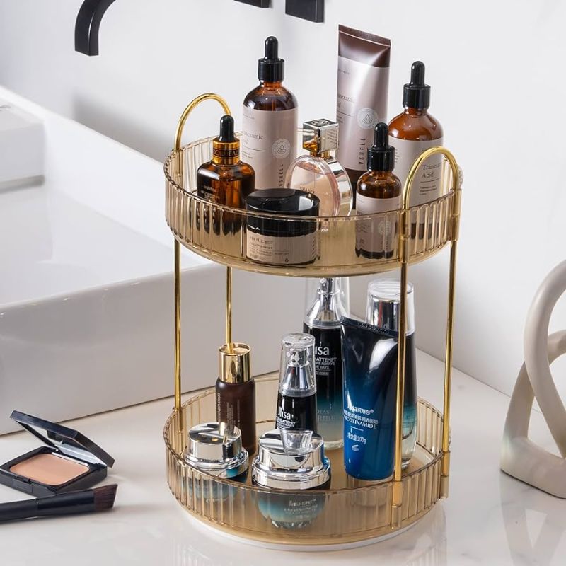 Photo 1 of  Rotating Makeup Organizer, Bathroom Make Up Spinning Holder Rack, Large Capacity Cosmetics Storage Vanity Shelf Countertop, Fits Cosmetics, Perfume,