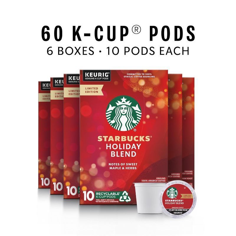Photo 1 of STARBUCKS K-CUP COFFEE PODS, HOLIDAY BLEND MEDIUM ROAST COFFEE FOR KEURIG BREWERS, 100% ARABICA, LIMITED EDITION HOLIDAY COFFEE, 6 BOXES (60 PODS TOTAL)---EXP 13 MAY 2024
