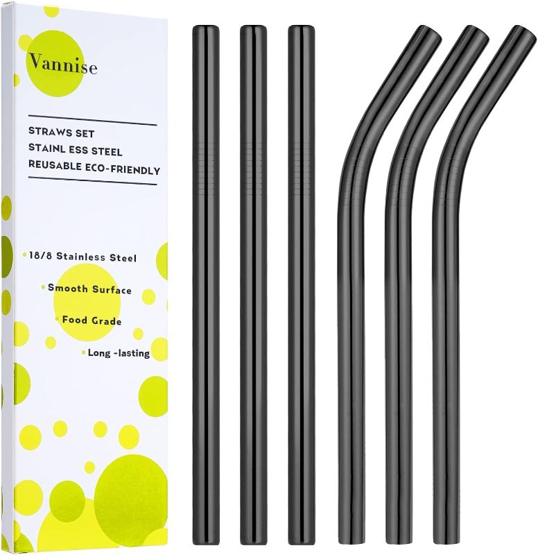 Photo 1 of 2 COUNT- Limited-time deal: Vannise Reusable Smoothie Straws & Milkshake Straws 0.4" Wide Mouth Straw, Set of 6 Stainless Steel Straws 8.5"&10.5" with 1 Long Straw Cleaner Brush?Black Metal Straws for Jumbo Thicker Drinks 