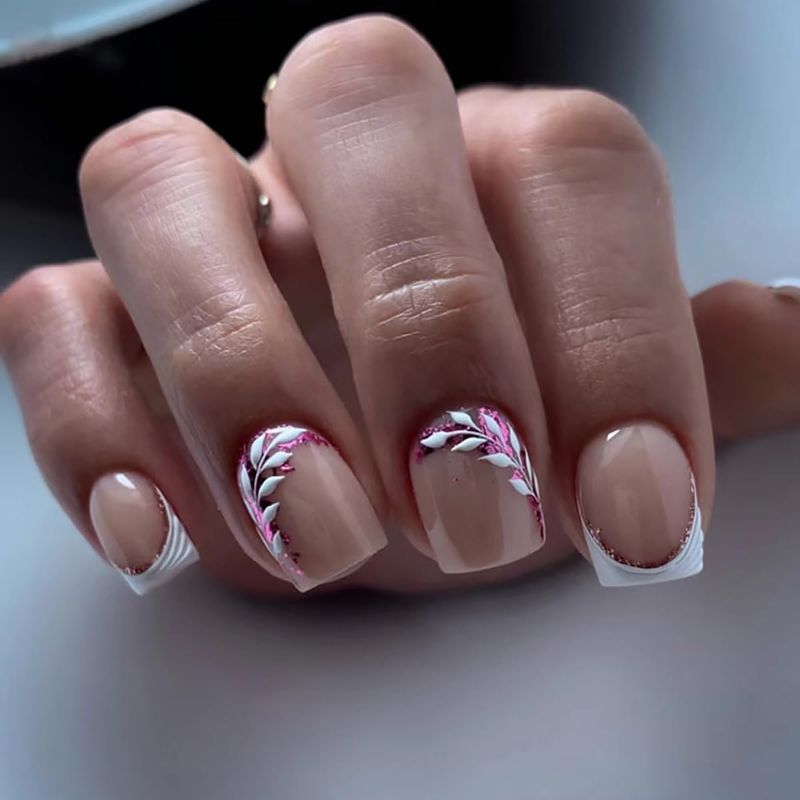 Photo 1 of 3 COUNT- 24 Pcs Short Press on Nails French Tips Nude Fake Nails Shiny Pink False Nails with White Leaf Design Stick on Nails Acrylic Artificial Glue on Nails For women and Girls 