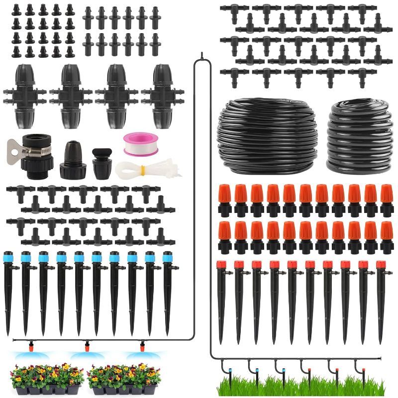 Photo 1 of 223FT Automatic Drip Irrigation Kits, Garden Watering System for Greenhouse, Yard and Lawn - with 1/2 inch 1/4 inch Distribution Tubing Hose Drip Emitters Adjustable Misting Sprinkler Fittings