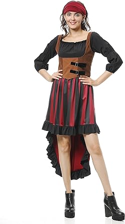 Photo 1 of Colorful House Women Pirate Halloween Costume Dress Adult Red Pirate Outfit Renaissance Pirate Costumes with Corset 