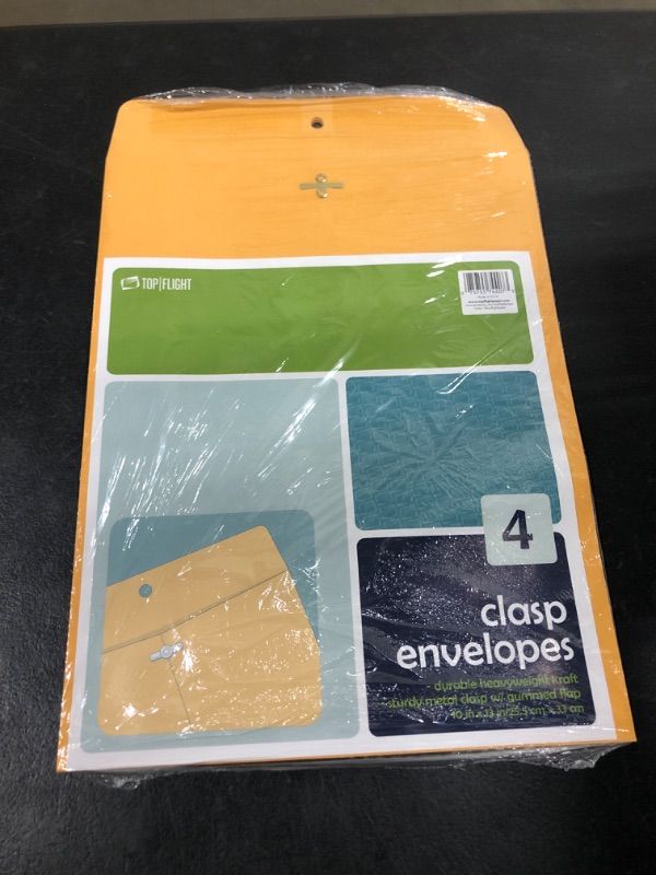 Photo 2 of Top Flight Clasp Envelopes, Gummed and Clasped Closure, 10 x 13 Inches, Brown Kraft, 4 Envelopes per Pack (6911021)