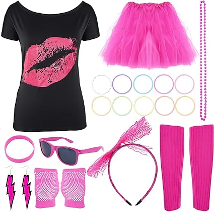 Photo 1 of cosmisun 80s Costume Outfit for Women T-Shirt Skirt Fishnet Gloves Headband Leg Warmers Earrings Necklace Wristband Glasses