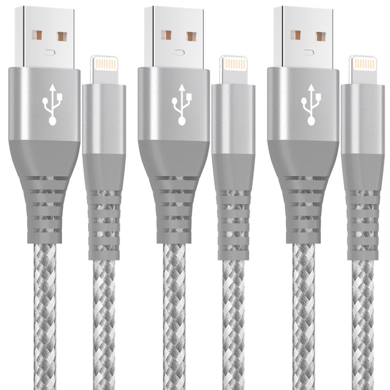 Photo 1 of 2 PACK - iPhone Charger 3 Pack 10 ft MFi Certified Lightning Cable Nylon Braided Cable iPhone Charger Fast Charging Cord Compatible with iPhone 14 13 12 11 Pro Max XR XS X 8 7 6 Plus and More Gray White