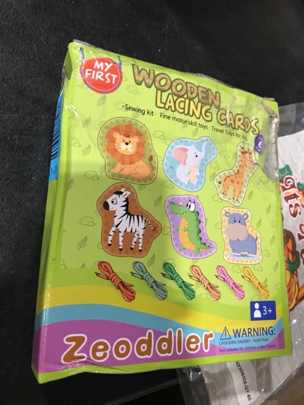 Photo 2 of Zeoddler Wooden Animal Lacing Card for Kids 3-5, Sewing Cards for Toddlers, Toddler Arts and Craft, Fine Motor Skill Toys, 6 Wooden Panels and 6 Matching Laces, Gift for Boys, Girls Safari
