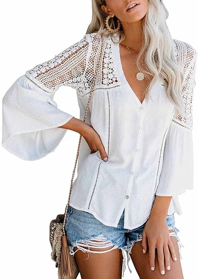 Photo 1 of FARYSAYS Women's Tops Lace Crochet V Neck Button Down Bell Sleeve Shirts Casual Loose Blouses - 2XL