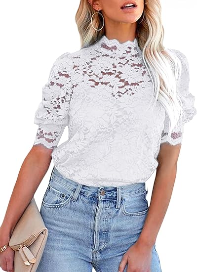 Photo 1 of FARYSAYS Women's Lace Tops Puff Short Sleeve Mock Neck Casual Blouses Shirts with Separable Cami
