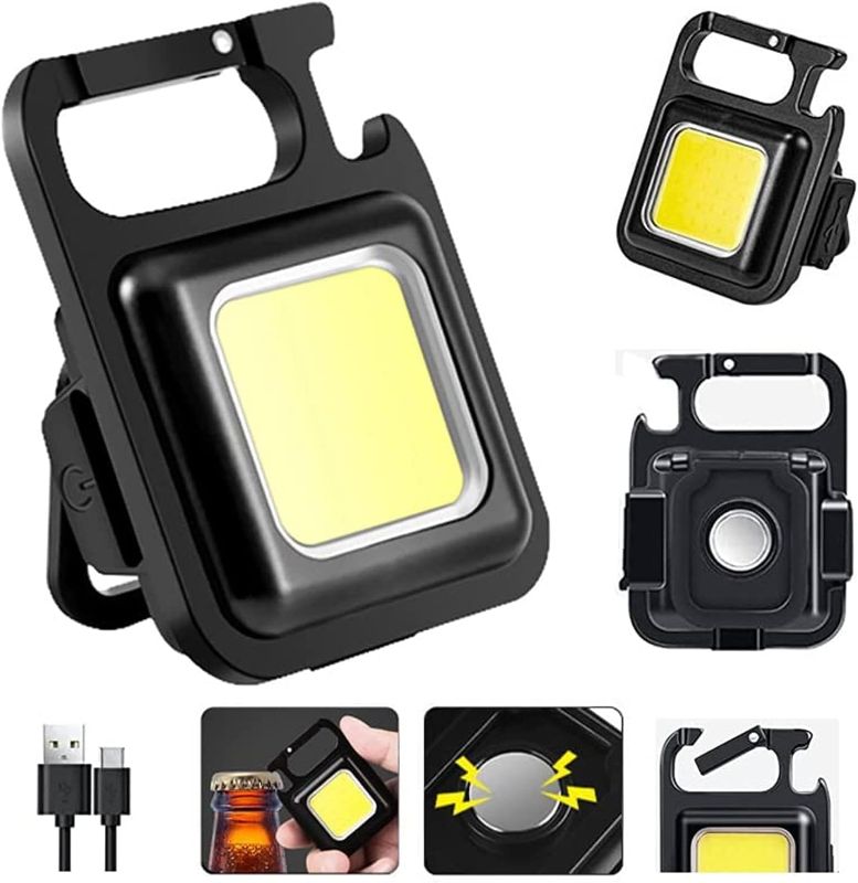 Photo 1 of Ivylovme Mini COB Keychain Light, Rechargeable Small LED Flashlight, 800 Lumen, Portable 4 Light Modes Pocket with Folding Bracket Bottle Opener & Magnet Base, Emergency Camping Fishing Walking Work
