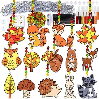 Photo 1 of 24 Sets Fall Suncatchers Ornaments Thanksgiving DIY Keychains Decorations Window Paint Art Pumpkin Woodland Creatures Coloring Craft Kits Sun Catchers Gift for Autumn Classroom Art Activities Project