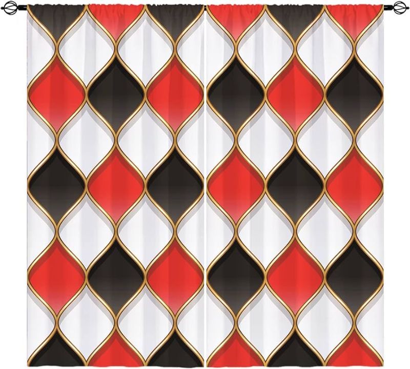 Photo 1 of ANHOPE Red Black White Curtains Rod Pocket Kitchen Abstract Geometric Rhombuse with Golden Partition Mordern Design Print Pattern Window Drapes for Cafe Living Room Bedroom - W42 x L63 Inch 2 Panels