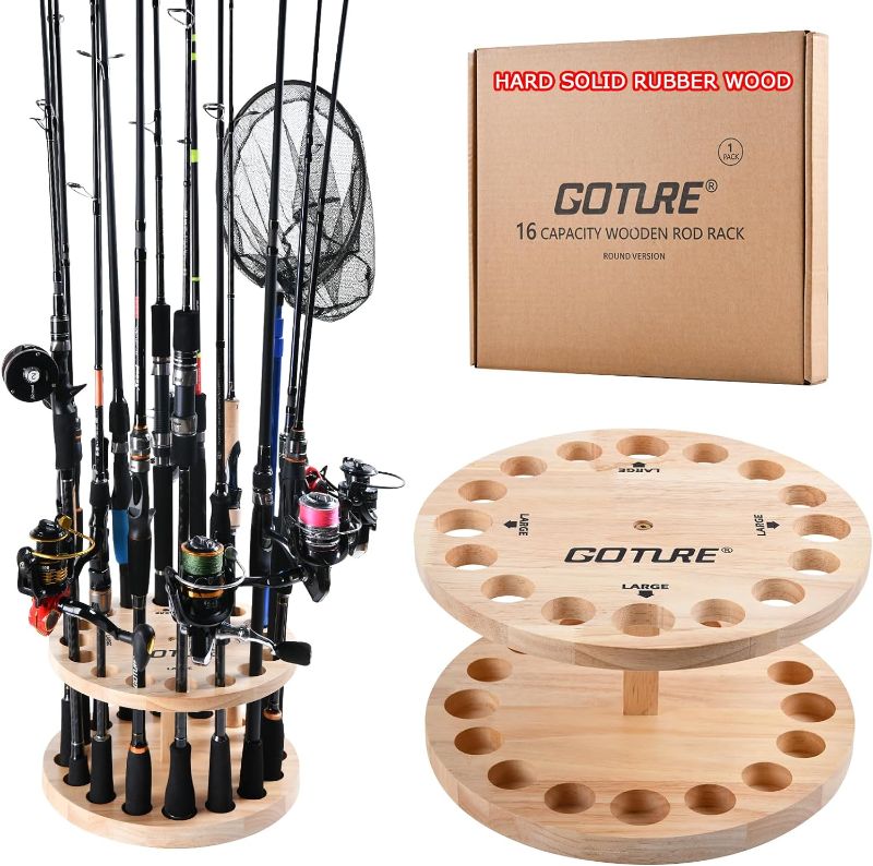 Photo 1 of 16 Slots Vertical Fishing Rod Holder Hard Solid Rubber Wood, Round Fishing Rod Rack for Garage, Wood Fishing Pole Storage Floor Stand Fishing Gifts for Men 