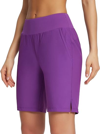 Photo 1 of BALEAF Women's Knee Length Long Shorts Running Bermuda Shorts 9" High Waisted Zip Pockets Quick Dry Casual Summer - Small, Purple