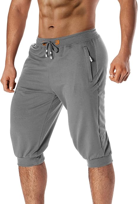 Photo 1 of Dr.Cyril Men's 3/4 Jogger Shorts Elastic Cotton Capri Pants Below Knee Long Workout Running Short with Zipper Pockets - Dark Gray, 30