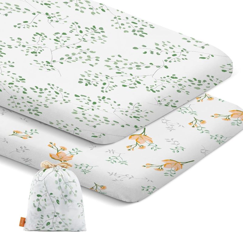 Photo 1 of 2 Packs Stretchy Bassinet Sheets Fitted for Besrey Bassinet, 33”x17” Jersey Cotton Sheets for Rectangle Oval Hourglass Bassinet Mattress, Breathable and Heavenly Soft, Green Plant for Baby Boys Girls 