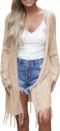 Photo 1 of Cardigan for Women 2023 Lightweight Knit Open Front Hollow Out Crochet Tassel Kimonos Long Sleeve Fall Loose Sweater Cover Up- SMALL