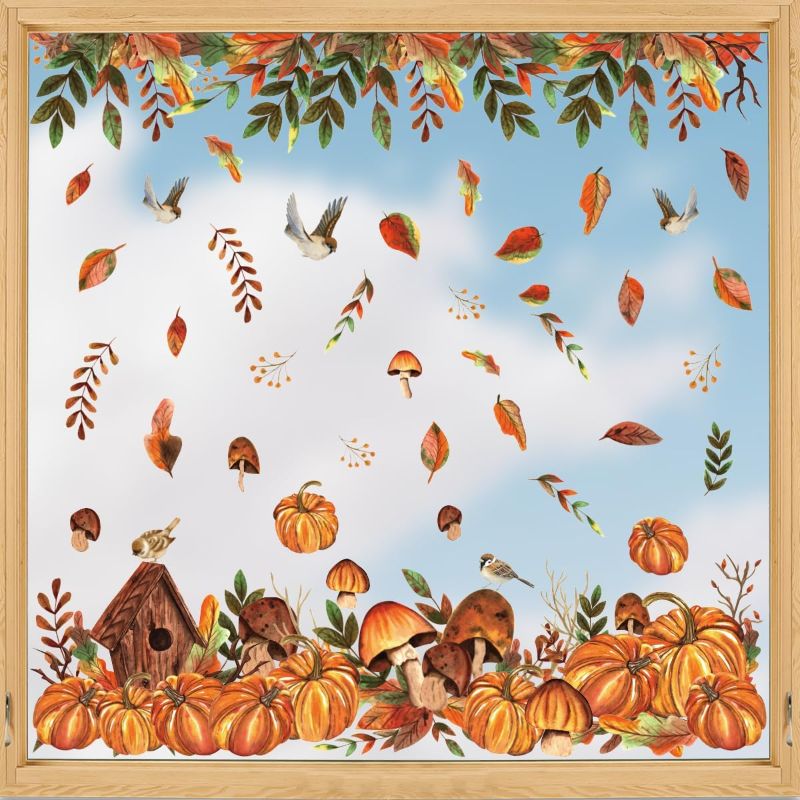 Photo 1 of 4 PACK-Horaldaily 140 PCS Fall Window Cling Sticker, Thanksgiving Autumn Harvest Pumpkin Mushroom Birds Leaves for Home Party Supplies Shop Window Glass Display Decoration 