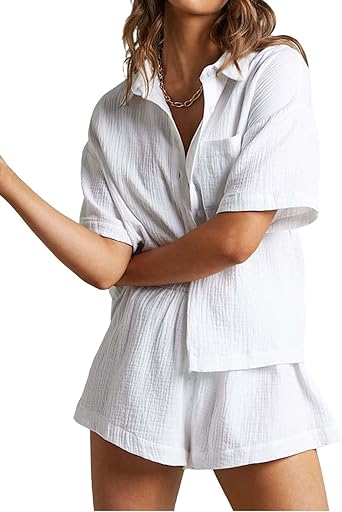 Photo 1 of Arssm 2 Piece Casual Sets for Women Button Down Shirt Top Paper Bag Shorts Cotton Linen Outfit Sets(White-XL)