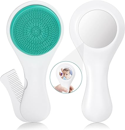 Photo 1 of Baby Hair Brush and Comb Set - Silicone Baby Brush and Comb Set with Mirror 3 in 1, Super Soft for Newborn, Toddler, Infant Grooming Kit (blue)