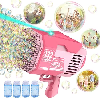 Photo 1 of Bubble Gun - 132 Holes Bubble Machine Gun, Bubble Blower with Colorful Lights, Summer Toys for Toddlers Kids Adults Summer Party Favors Outdoor Pool Toys (Pink)
