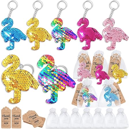 Photo 1 of CiciBear 60 Pack Double-Deck Flamingo Sequin Keychain Set with 20 Flamingo Keychains, 20 Thank You Tags and 20 Gift Bags for Animal Party Favor, Kids and Adult Birthday, Baby Shower, 5 Colors