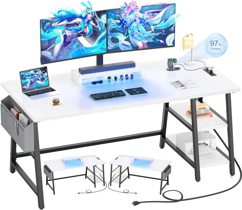 Photo 1 of armocity Computer Desk with Outlet and USB Charging Port, 55 Inch Desk with Reversible Storage Shelves, Gaming Desk with Moveable Monitor Stand and Storage Bag for Home Office Workstation, White 